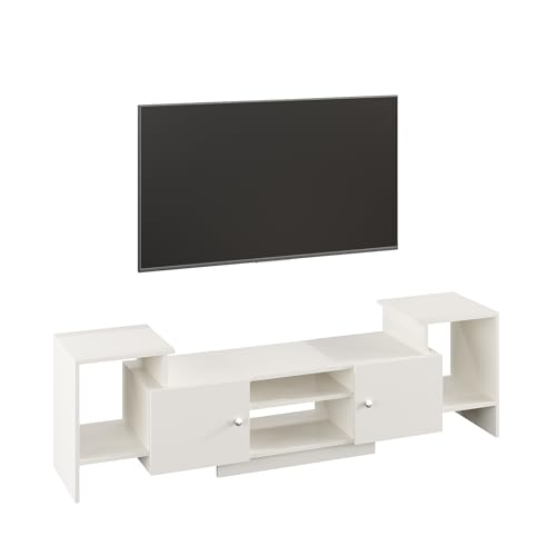 Image of FURNEASER Eptimal Modern Wooden TV Unit for Living Room | Engineered Wood Entertainment Center with Storage | TV Stand for 65 Inch TVs | TV Cabinet with Shelves & Doors (White)