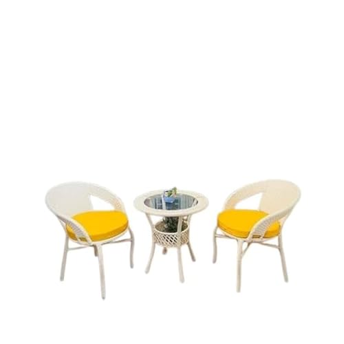 Image of Furniture 2 Chair 1 Table with Cushion for Outdoor, Indoor, Patio, Rattan Chair, Living Room, Dining Room, Garden, Chair Set with Table (D-12 Off White & Yellow 2+1)