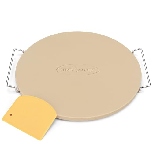 Unicook Round Pizza Stone for Oven and Grill 16 Inch Oven Baking Stone for Bread Cordierite Pizza Pan for Baking Crispy Bread and Cookies Includes Carry Rack and Dough Scraper