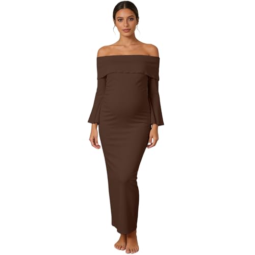 Generisch Vestido de maternidad para mujer, hombros descubiertos, mangas de campana, vestido liso, elegante, de manga larga, vestido de maternidad, vestido de fiesta para baby shower, sesión de fotos