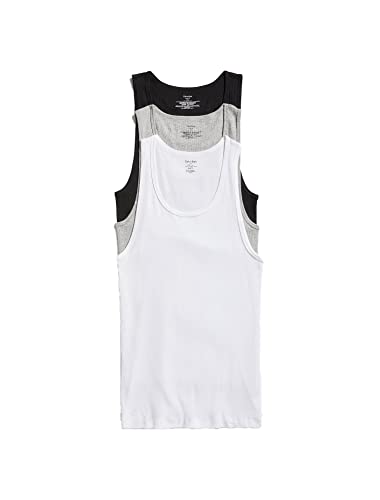 Calvin Klein Men`s Classic Ribbed Tank 3-Pack (Light Grey (NM9070Y-900) / White/Black, Large)