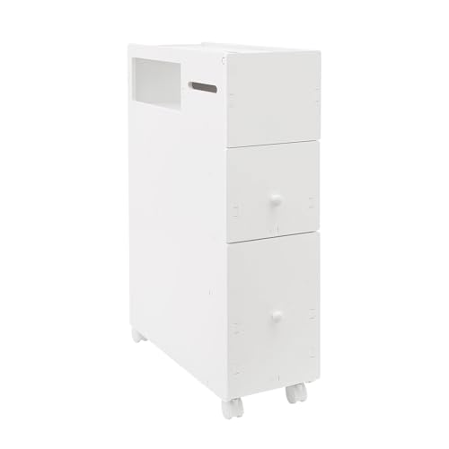 UHDUIG Armario de baño estrecho con cuatro ruedas universales, tapa abatible, armario de almacenamiento con cajón, se puede colocar en baños, aseos, salones (53 x 22,5 x 75 cm)
