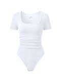 OQQ Women Bodysuits Ruched Short Sleeve Square Neck Stretch Lounge Travel Bodysuits White