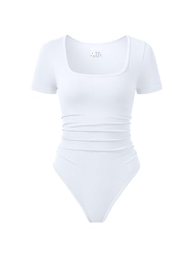 Image of OQQ Women Bodysuits Ruched Short Sleeve Square Neck Stretch Lounge Travel Bodysuits