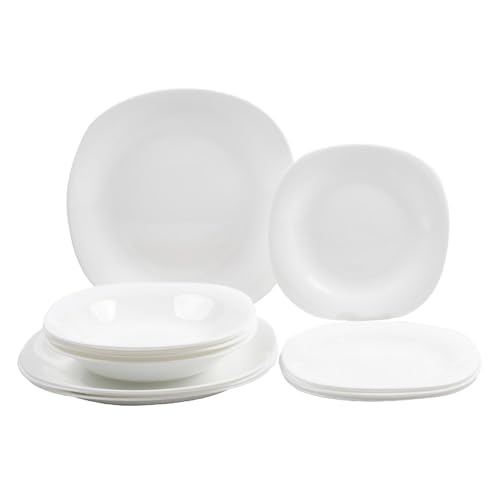 Kingshouse | Juego de Vajilla 12 Piezas Cuadrada – Color Blanco – Vidrio de Opal – Vajilla Para 4 Personas – Moderna y Contemporánea – Platos -Hogar y Cocina