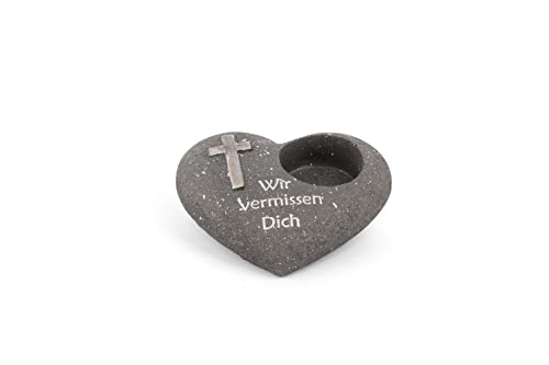 Novaliv Grave Ornament Heart Anthracite with Cross Saying Wir vermissen Dich Grave Decoration Grave Heart Weatherproof Grave Decoration Memorial Stone Tea Light Holder Mourning Stone