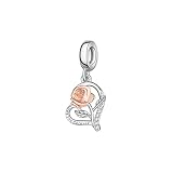 Rose Flower Heart Charm for Bracelet Rose Gold Plated 925 Sterling Silver Flower Heart Dangle Pendan