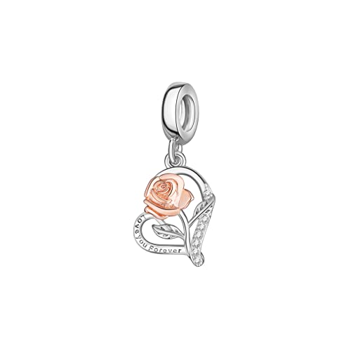 Rose Flower Heart Charm For Bracelet Rose Gold Plated 925 Sterling Silver Flower Heart Dangle Pendant Charm For Bracelet And Necklace Birthday Valentines Day Flower Jewelry Gifts For Women & Girls #TOP5