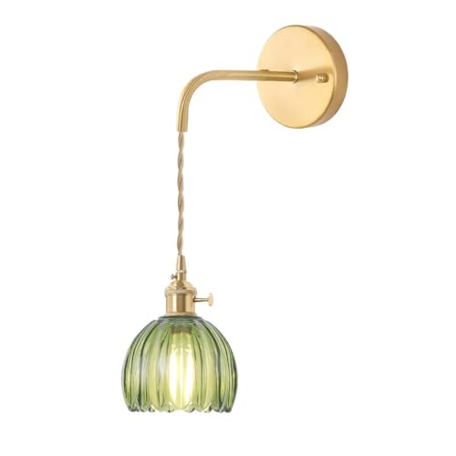 LIGINOK Aplique de pared para interior vintage industrial, lámpara de pared E27, pantalla de cristal verde, forma de flor, lámpara de noche retro de metal para cuarto de baño, sala de estar