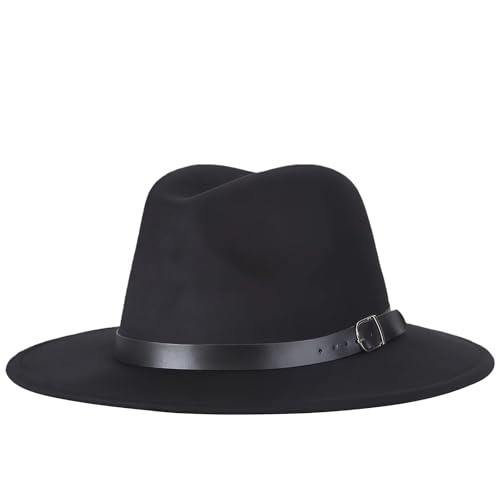 QUUPY Sombrero Fedora clásico de ala ancha con hebilla de cinturón, sombrero de fieltro para mujeres y hombres (negro)