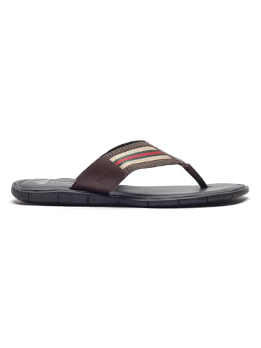 Image of Gabicci Mens Thong Slipper, Slip On Entry, (Size 40-45), Top Grain Leather, Casual Lounging Slipper, TPR Sole, Flat Heel, Sandy Trim Toe Post