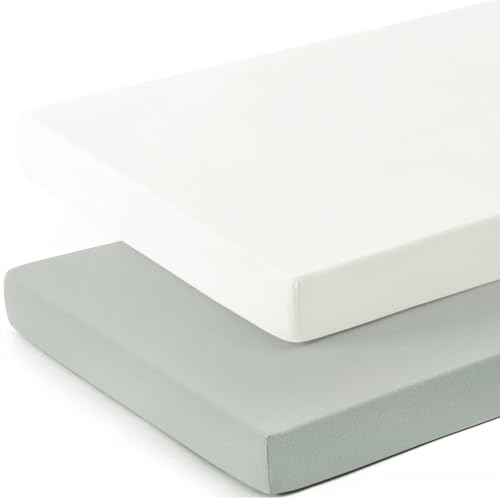 Image of GRSSDER Mini Crib Sheets Fitted, Pack and Play Sheets 2 Pack, Ultra Soft Stretchy Pack N Play Sheets, Universal Fit for Playard Mattress, Jersey Crib Sheets Neutral for Boys and Girls, Gray/White