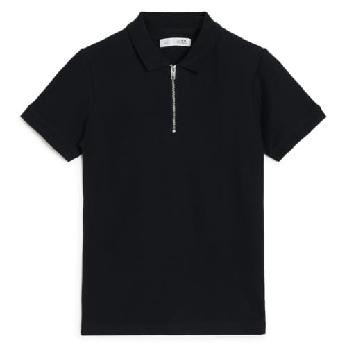 Image of Alan Jones Clothing Boys Polo T-Shirt with Zipper Closure | Honeycomb Knit Cotton Blend Half Sleeve Tshirt | Age 6-16 Years