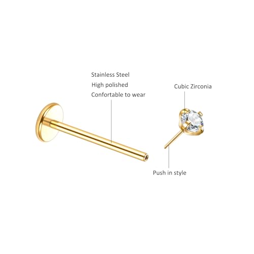 Oveta Threadless Nose Stud Stainless Steel 20G 18G 16G Threadless Flat Back Tragus Earrings Labret Medusa Monroe Ashely Lip Piercing Jewerly Gold3