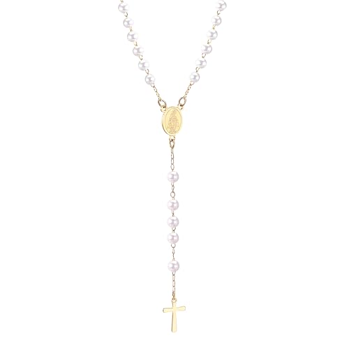 Collar de rosario religioso de plata de ley 925 para mujeres y hombres - Rosarios católicos escapularios largos Collares con colgante de cuentas para hombre