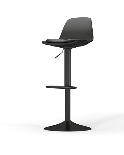 Amveya Taburete de bar con respaldo giratorio de 360°, altura regulable, asiento de piel sintética suave, asiento de 60 a 80 cm, color negro
