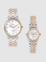 TIMEX Analog Silver Dial Couple Watch Set on Grey Background