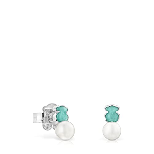 TOUS Pendientes de Plata de Primera Ley para Mujer con Cierre a Presión y Motivo de 1.05cm en Amazonita y Perla, Versátil y Combinable, Colección Mini Color