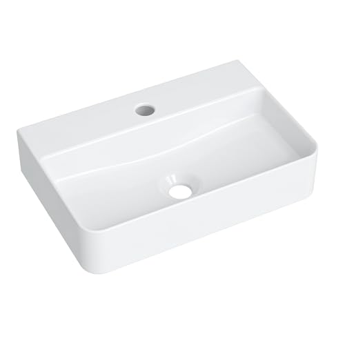 Lavatorio pequeño de cerámica blanca, 460/310 para suspender para aseo de invitados y baños pequeños, montaje en pared y sobre encimera con orificio para grifo, sin rebosadero, diseño moderno de borde