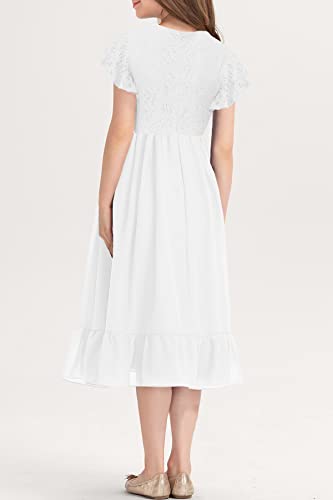 MITILLY Girls Elegant Lace Flower Crew Neck Ruffle Chiffon A-Line Flowy Birthday Party Midi Dress 10 Years White - Thumbnail 4