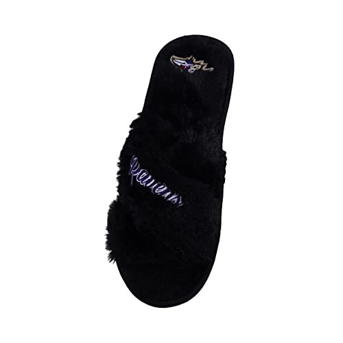 Image of FOCO Womens NFL Team Script Wordmark Fuzzy Cross Slide Slippers