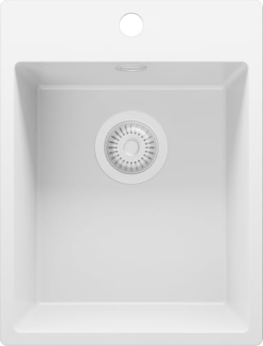 PRIMAGRAN Fregadero Cocina Todo Blanco 38x50cm, Granito 1 Seno + Sifón, Sobre encimera al mueble 40cm - Riga S008