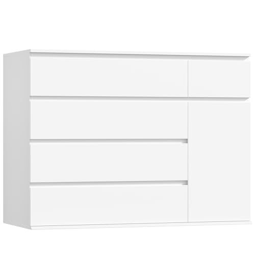 FOTOSOK White Dresser with 19.5'' Deeper Depth, Modern Dresser White Chest of Drawers with Door for TV Stand, Deep Drawers and Wide Storage Space