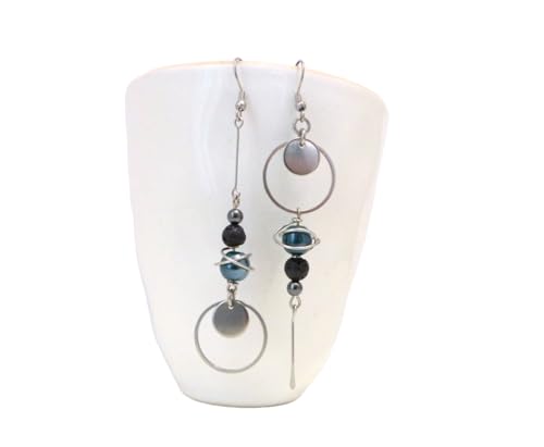 Boucles d'oreilles noir bleu/vert dépareillées asymétriques céramique lave hématite et acier inoxydable