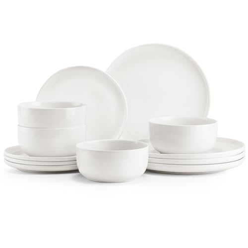 Jassceram 12-Piece Plates and Bowls Sets, Porcelain Dinnerware Se...