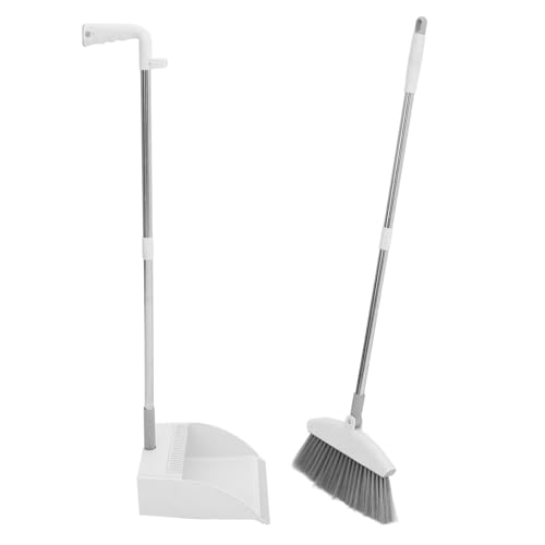 UTHCLO Aufrechter Besen und Kehrschaufel Set mit Langem Stiel Faltbar Ergonomischer Griff Weiß Praktische Haushaltsreinigung für Enge Ecken und Leichte Müllaufnahme