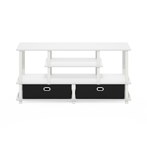 Image of Furinno Jaya TV Stand, 4-Tier Entertainment Center with Open Shelf, TV Console for TV up to 55 Inch with 2 Storage Bins, Toolless Assembly, for Living Room, Bedroom, White