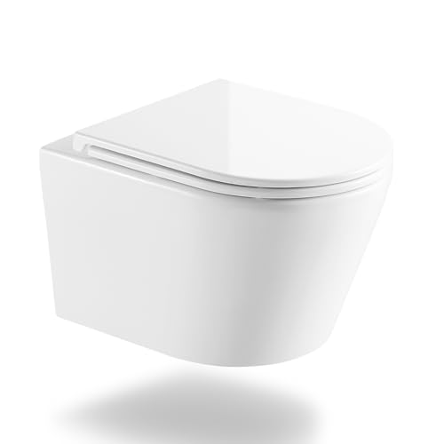 CLEANMAN Spülrandloses Hänge-WC, Wand-Toilette, Hänge-WC aus Keramik mit Slim-WC-Sitz Absenkautomatik, Tiefspül-WC,Weiß B: 360 H: 370 T: 500 mm