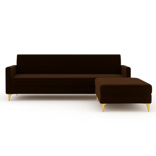 Image of SOCOZI Morello 4 Seater L Shape Sofa Set with Movable Ottoman | Flexible Left or Right Layout | Soft Velvet Suede Fabric | Modern Design | Plush Comfort Cushions for Living Room (Dark Brown)
