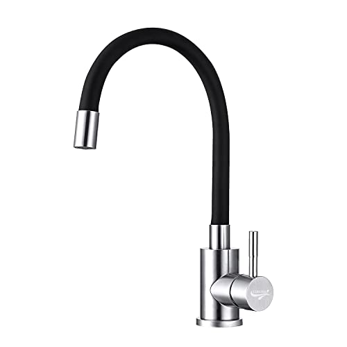 COMVIDA Schwarz Küchenarmatur,Hoher-Auslauf Spültischarmatur mit Flexibler Auslauf,Edelstahl Einhebelmischer Mischbatterie 360° Schwenkbar,Schwarzer Flexibler Silikon Weichschlauch,CV-10034-N Cover