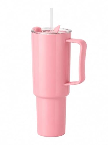 Image of Plastic Tumbler with Handle, Lid & Reusable Straw | 40 oz Large Capacity Travel Cup | Leak-Resistant Quarter Turn Lid | Reusable Drinking Tumbler for Water, Coffee, Juice & Cold Beverages, Pink