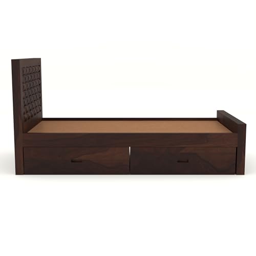 Image of Solid Sheesham Wood Single Size Bed with 2 Drawer Storage Wooden Single Cot Bed for Home Living Room Bedroom Guest Room Hotel (Walnut, Size 6 * 4)