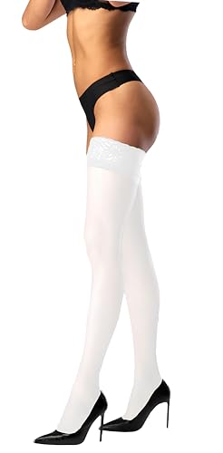 JUST BEAUTY TOUCH Bas opaques autofixants mi-cuisse, avec dentelle florale et double bande de silicone, 60 deniers pour femme, blanc, 3XL-4XL Grande taille