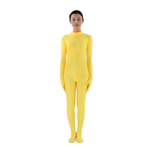 Image of LEEMQCYA Adult High Neck Zip One-piece Unitard Full Body Spandex Leotard Full Hands Full Feet Yellow Jumpsuit for Women