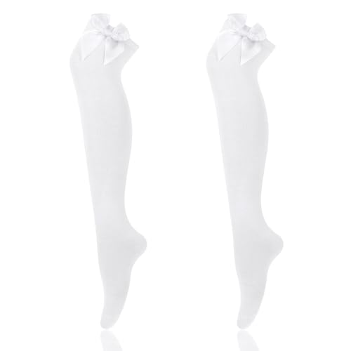 Image of Women's Cotton Opaque Knee High Socks Smooth Edge Bow Socks Cute Soft Knee Uniform Dress Sock with Bow Lolita Gothic (White)