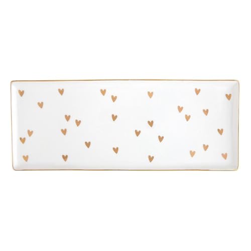 Santa Barbara Design Studio Serving Platter White Rectangular Ceramic Serving Tray,11.75" L x 4.75" W, Gold Foil Hearts