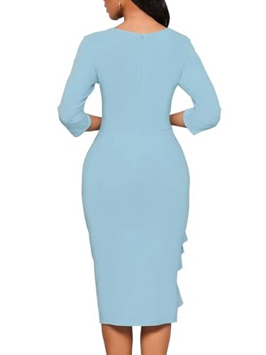 Image of Church Dresses for Women 3 /4 Sleeve Ruffle Vintage Bodycon Cocktail Work Midi Pencil Dress