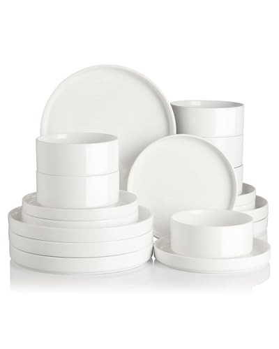 Sweejar Home Service de table 18 pièces en porcelaine pour 6 personnes - Assiettes et bols en céramique - Classique et moderne - Passe au lave-vaisselle et au micro-ondes (blanc pur)