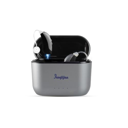 Banglijian Small Rechargeable BTE Hearing Aids for Moderate to Moderate-Severe Hearing Loss Seniors, 16-Channel Noise Reduction, Large Capacity Charging Box, Home & Travel Use (Gray-Black)