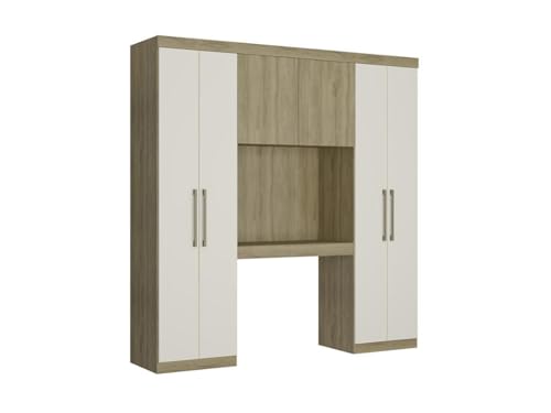 Vente-unique - Pont de lit Antero II - 6 Portes - avec armoires et rangements - L.200 cm - Chêne et Ivoire