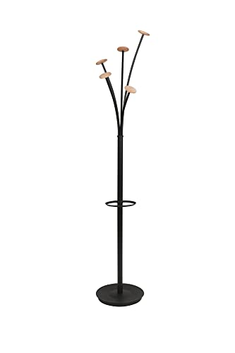 ALBA - PMFESTW N - Porte manteau design - Noir - Bois Clair - Capacité 6 parapluies et socle de récupération d'eau