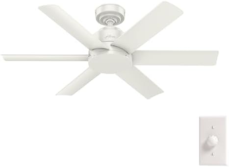 Hunter 44 inch Outdoor or Indoor Ceiling Fan No Light - White Ceiling Fan without Light, For Patio, Porch, Garage, or Living Room, Standard Mount, 6 Blades, Wall Control - Kennicott 59614, Fresh White