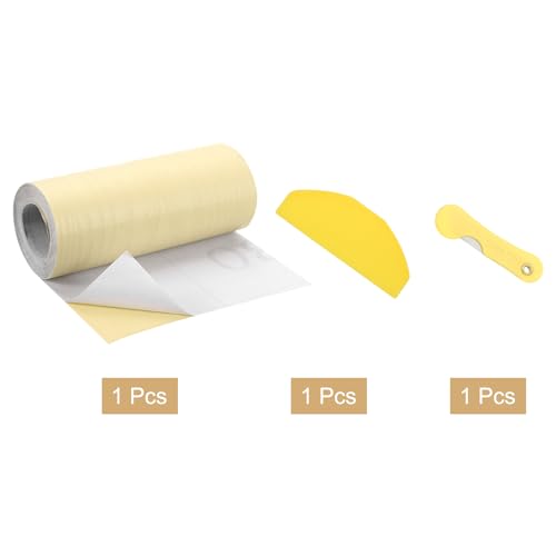 Image of uxcell 1 Roll Wood Grain Tape, 5.91 inch x33 Ft Realistic Textured Repair Tape Self Adhesive Wood Textured Patch with Tool for Floor Wall Door Table Cabinets Furniture Home Decor(Light Yellow)