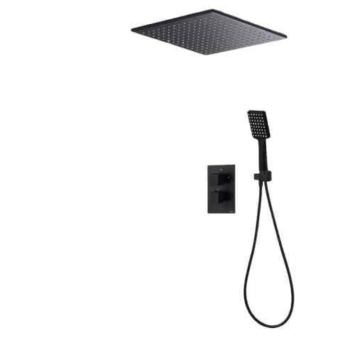 バスルーム用シャワーセット マットブラック 16インチ レインフォールシャワー蛇口セット サーモスタットシャワーミキサーバルブ 埋め込みボックス付き バスルーム用真鍮シャワーミキサータップ A,B