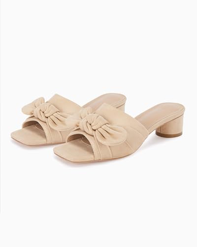 Image of Coutgo Womens Bow Slides Sandals Wide Width Slip On Chunky Low Heels Square Open toe Elagant Summer Shoes