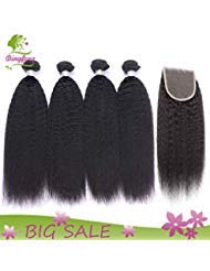 Dingfeng Hair Kinky Straight Hair 4 Bundles With Closure Big Sale Yaki Human Hair Weave Wholesale Price Of Factory Unprocessed Brazilian Virgin Hair With 4x4 Lace Closure (16161616+14, Natural color)